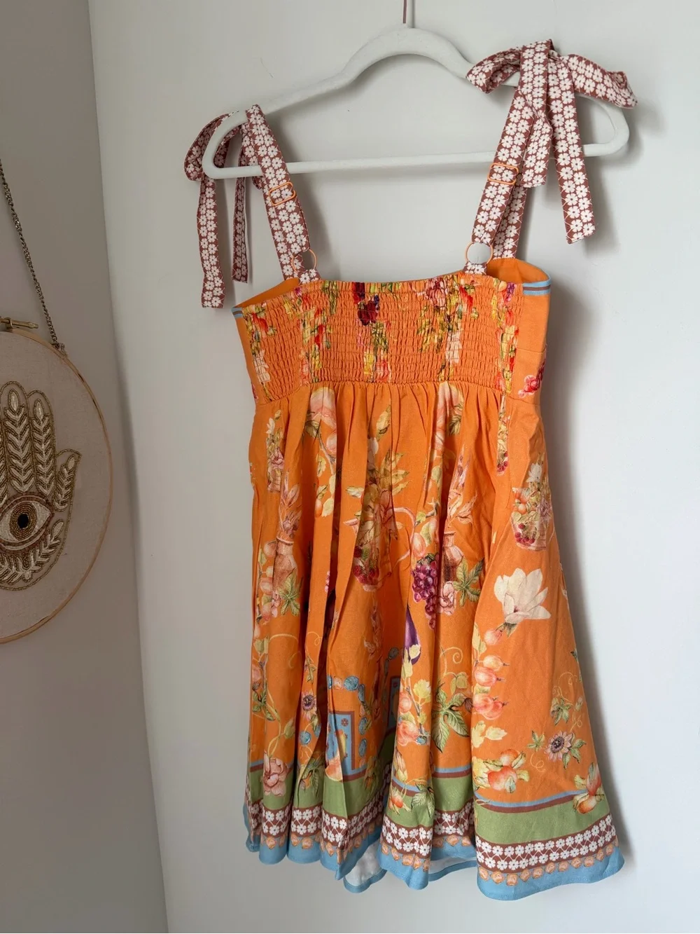 Orange Floral tropical fruit sleeveless tie strap linen blend Mini Dress - Picture 6 of 8